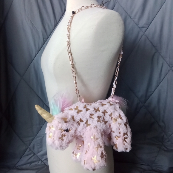 Olly & Me Pink Unicorn Purse With Gold Butterfly Pastel Pattern Plush Bag - Picture 2 of 10